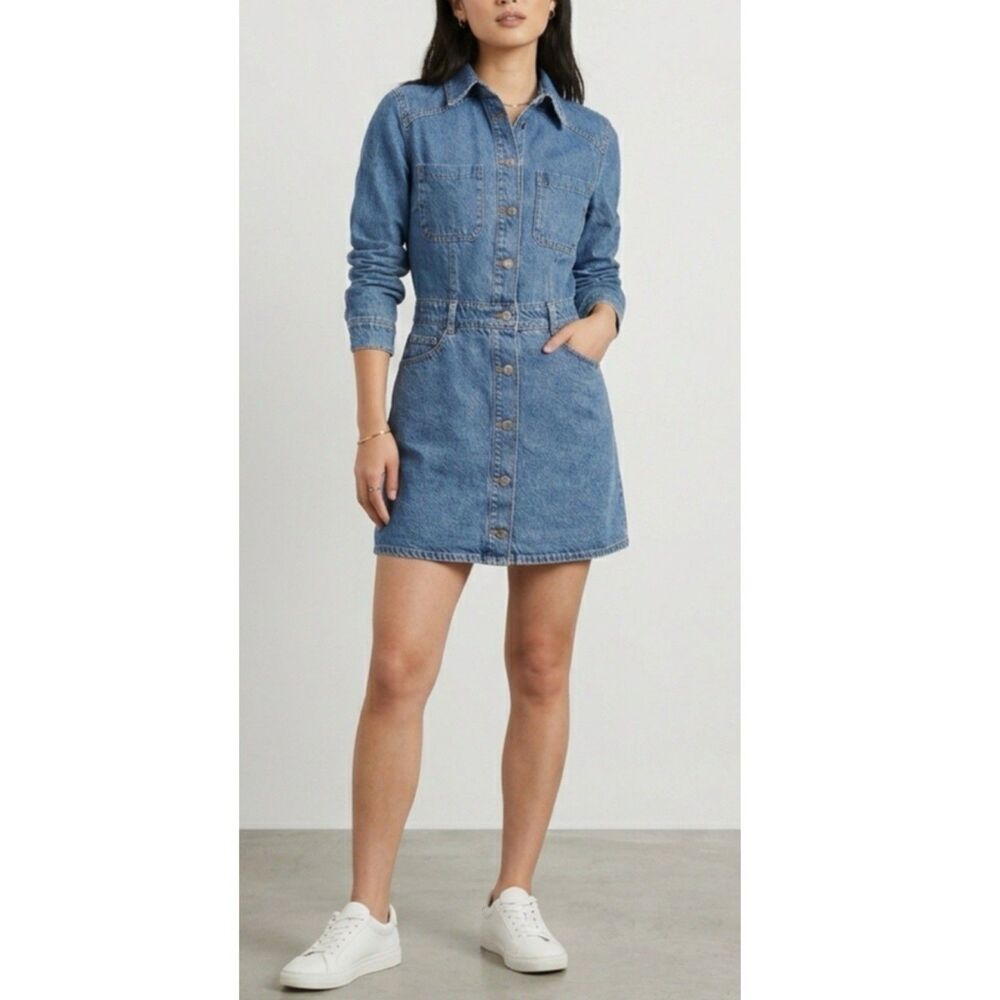 ZARA Denim Mini Dress Long Sleeve Button up Western Chic Pointed Collar Chic S